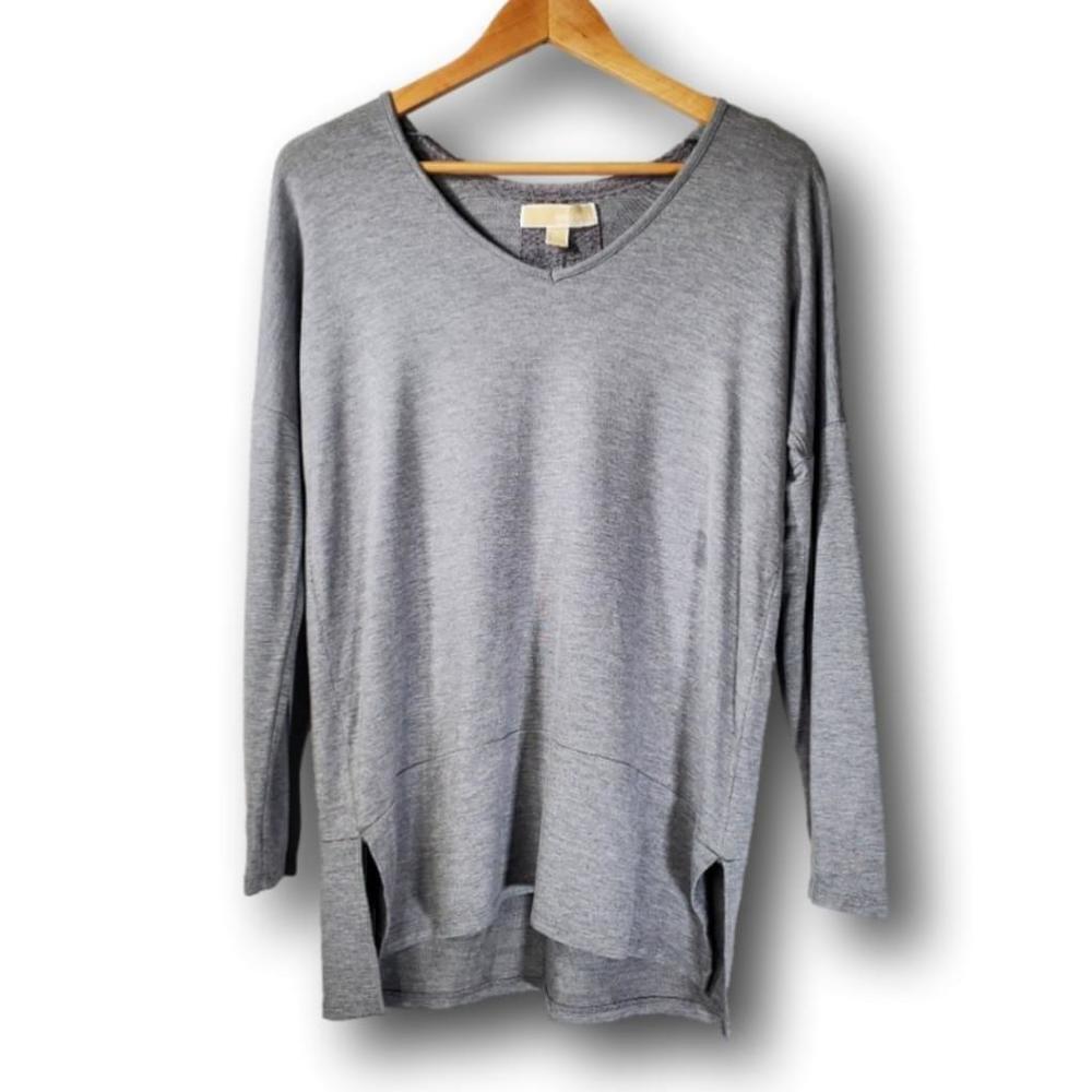 Michael Michael Kors V-Neck High Low Long Sleeve Top Gray Size Small